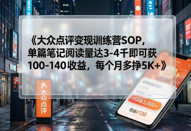 大众点评变现训练营SOP，单篇笔记阅读量达3-4千即可获100-140收益，每个月多挣5K+-柠柚博客