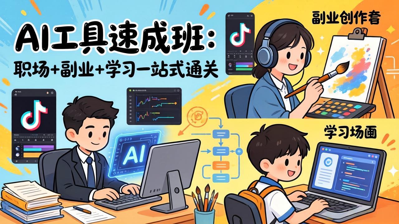 AI工具速成班：职场+副业+学习一站式通关，20+爆款类型+剪映技巧+抖音算法，0基础快速上手-柠柚博客